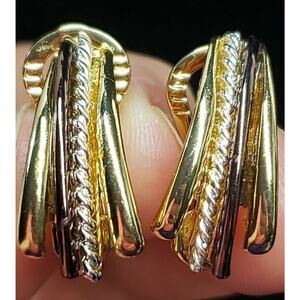 Vintage TJG Signed Fancy Glam Earrings Clip On Gold Tone, Mixed Metals Accents